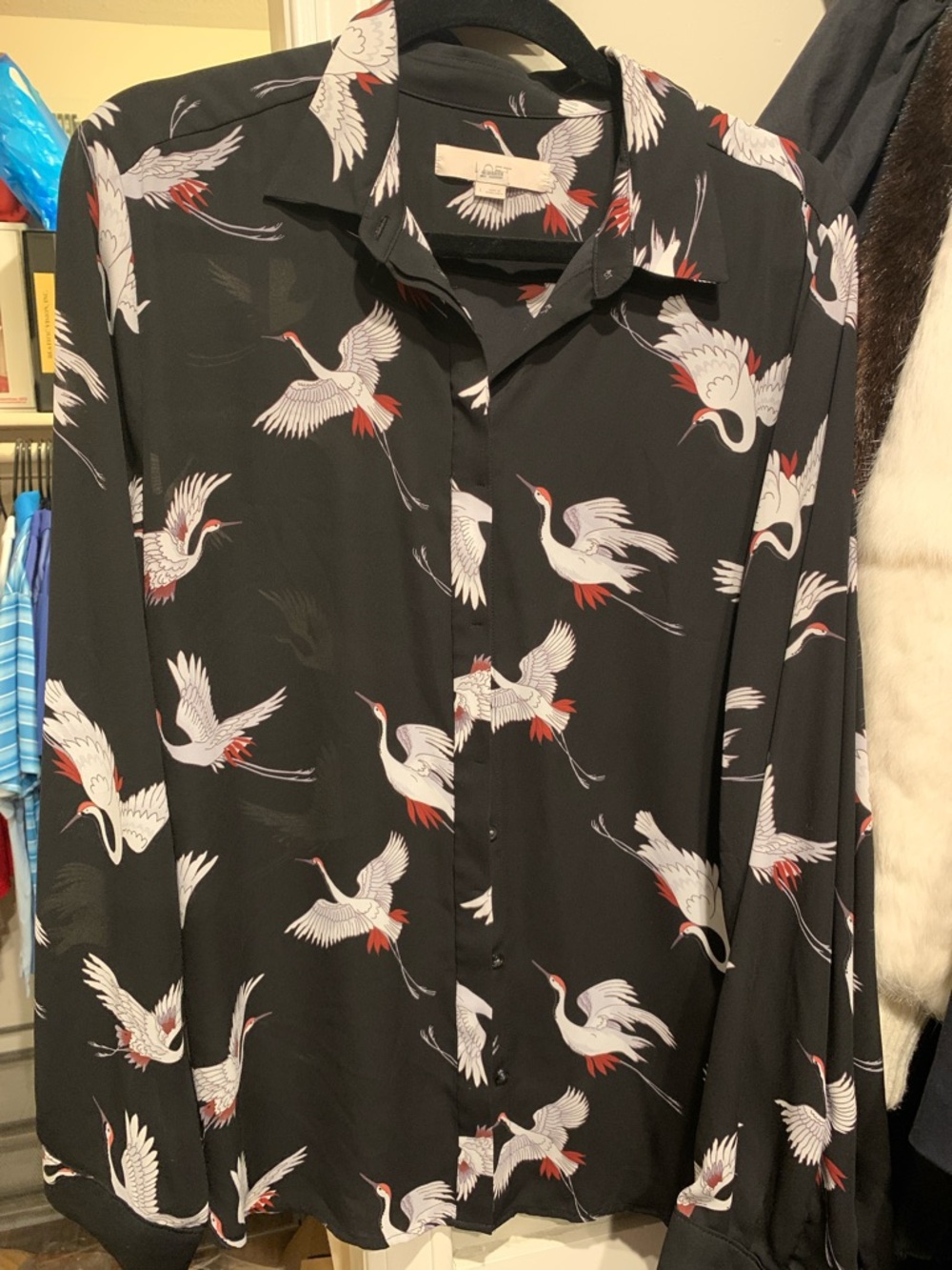 Loft Black Crane Print Button-Up Blouse